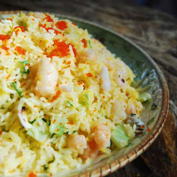 Fried Rice with Seafood and Crab Roe on Top